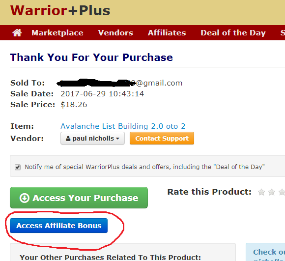 Warriorplus purchase reciept page