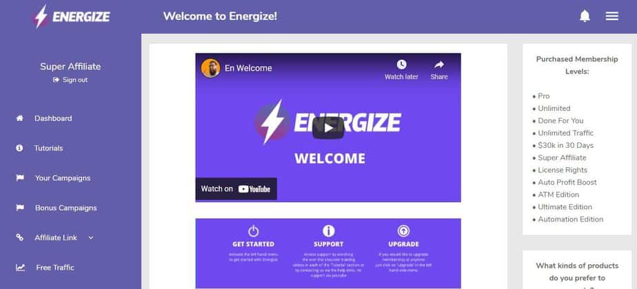 Energize member area dashboard Energize member area dashboard